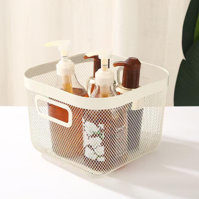 AJIODA Metal Mesh Steel Baskets, Household Wire Storage Organizer Bin Garden Harvest Basket Multi-functional Fruit Baskets with Handles for Kitchen Bathroom Picnic Shopping Decor Cabinet Home, Beige - Image 4